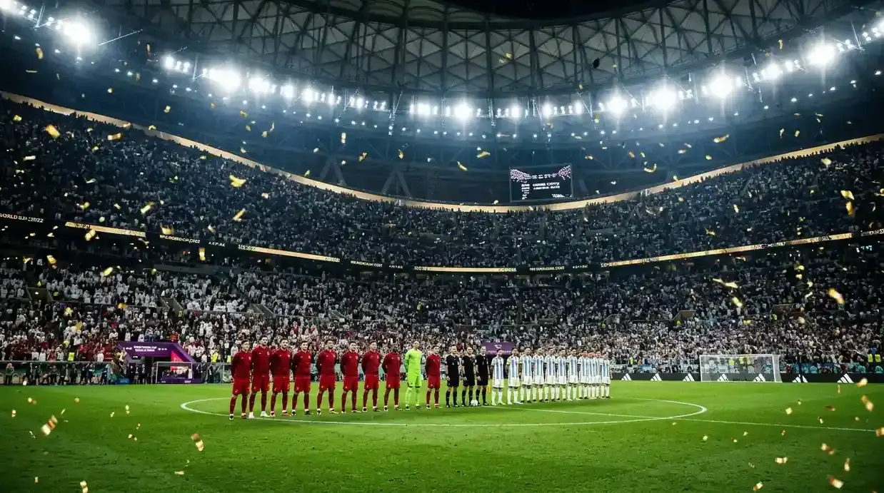 Kaksi jalkapallojoukkuetta rivissä ennen finaalin alkua täydellä stadionilla, kultaista konfettia ilmassa