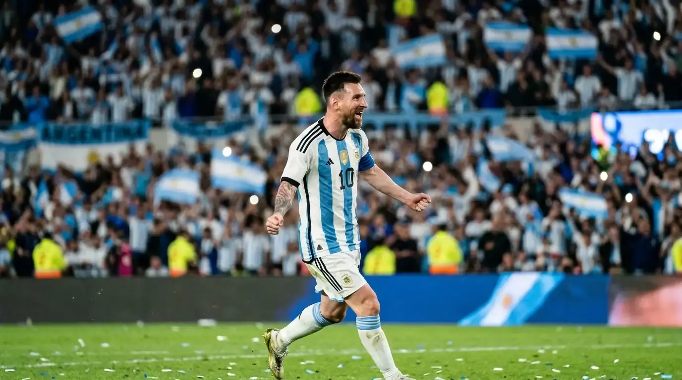 Lionel Messi tuulettaa maalia kohti Argentiinan kannattajia MM-otteluissa 2026