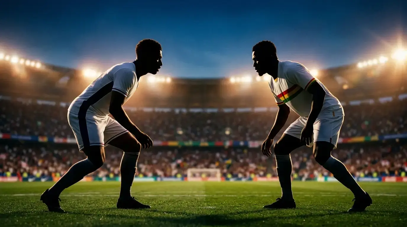 Englannin ja Ghanan pelaajien siluetit vastakkain stadionkenttätaustaa vasten