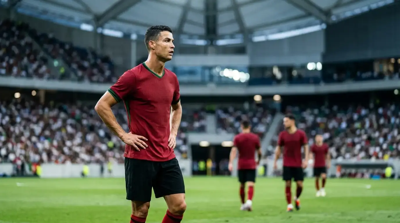 Cristiano Ronaldo keskittyneenä kentällä, kanssapelaajat takana sumeina