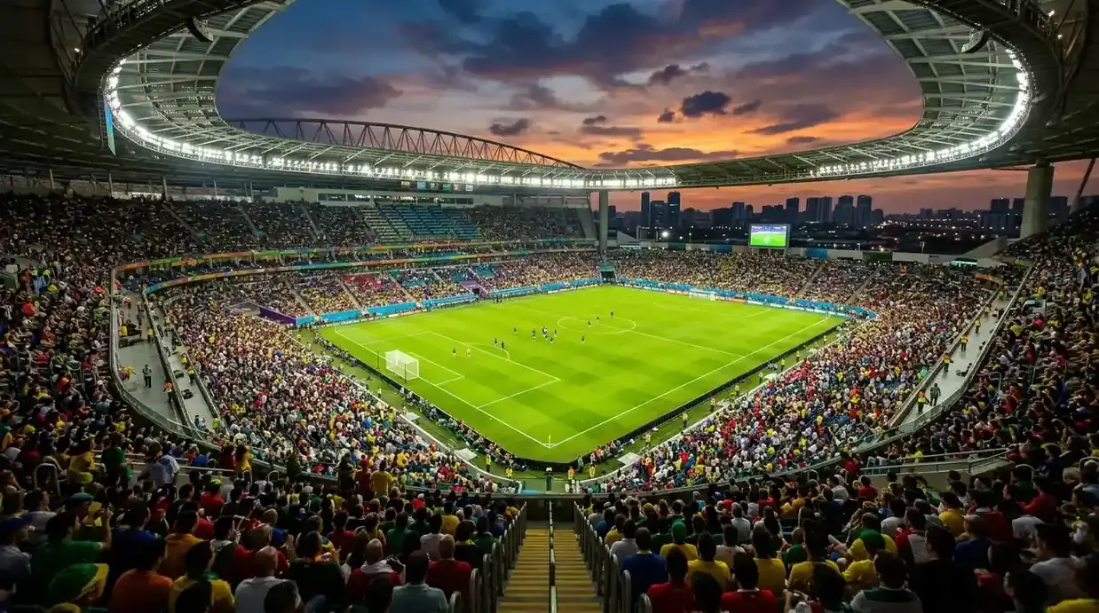 Iltapelien valoissa kylpevä MM-stadion ennen ratkaisevaa lohko-ottelua