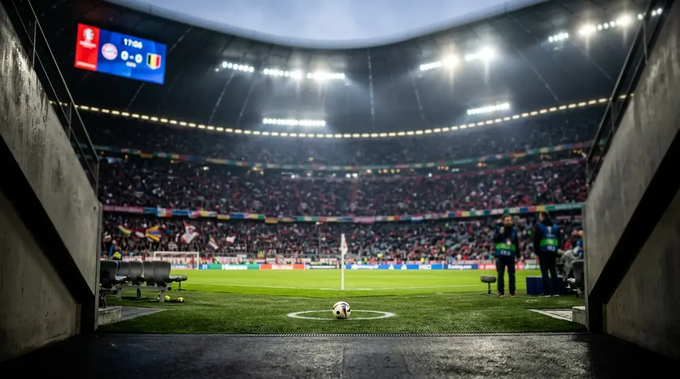 Jalkapallostadionin täysi katsomo ja tulostaulu ennen pudotuspeliottelun alkua
