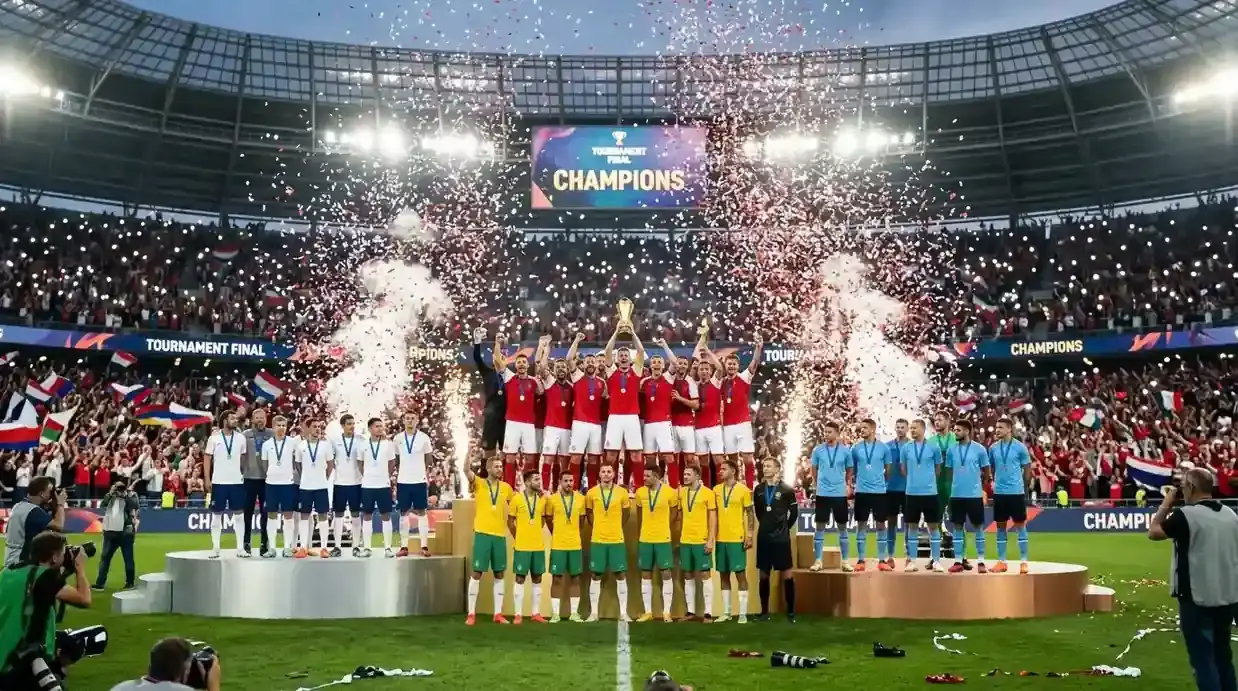 Maailmanmestaruusturnauksen neljä parasta joukkuetta stadionilla palkintojenjaon jälkeen