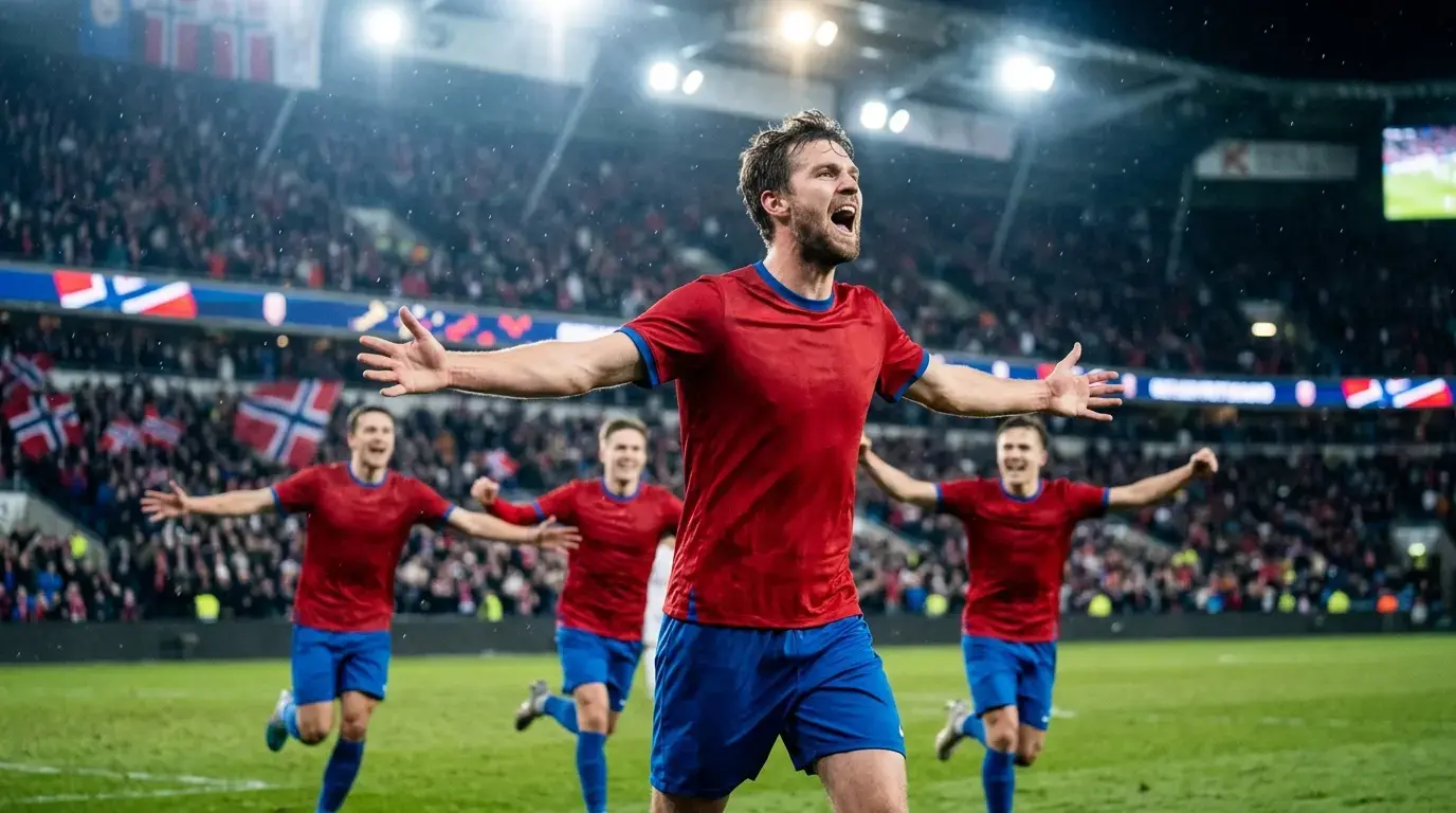 Hyökkääjä juhlii myöhäistä ratkaisumaalia MM-stadionin valoissa, joukkuetovereiden rynnätessä paikalle