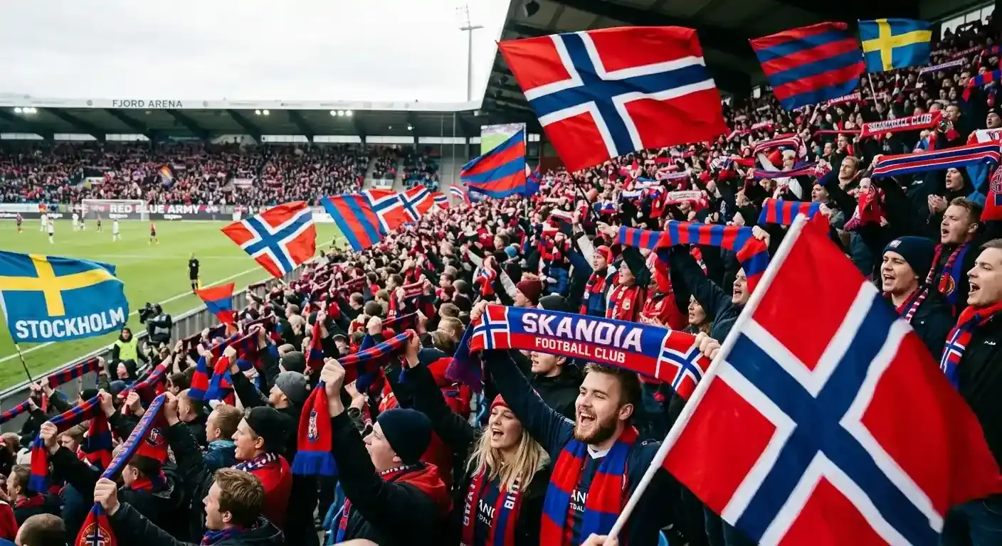 Norjan ja Ruotsin värejä kannattajien käsissä MM-katsomossa