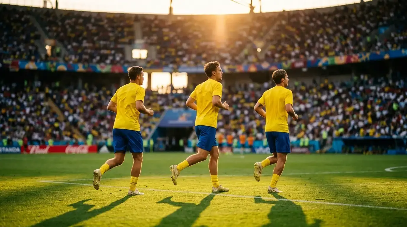 Brasilialaisia jalkapalloilijoita keltaisissa peliasuissaan kentällä iltavalossa