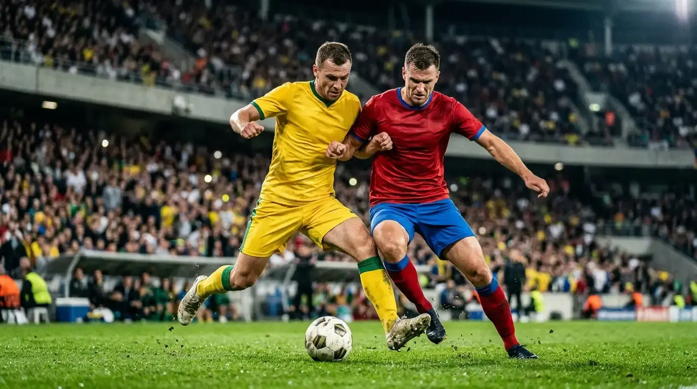 Kaksi jalkapalloilijaa eri maajoukkuepaidoissa kamppailee pallosta pudotuspeliottelussa stadionin valoissa