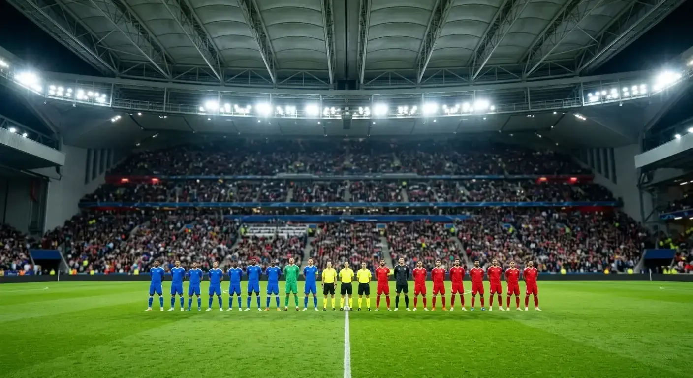 Kaksi jalkapallojoukkuetta rivissä ennen ottelun alkua täydellä stadionilla, valot loistavat
