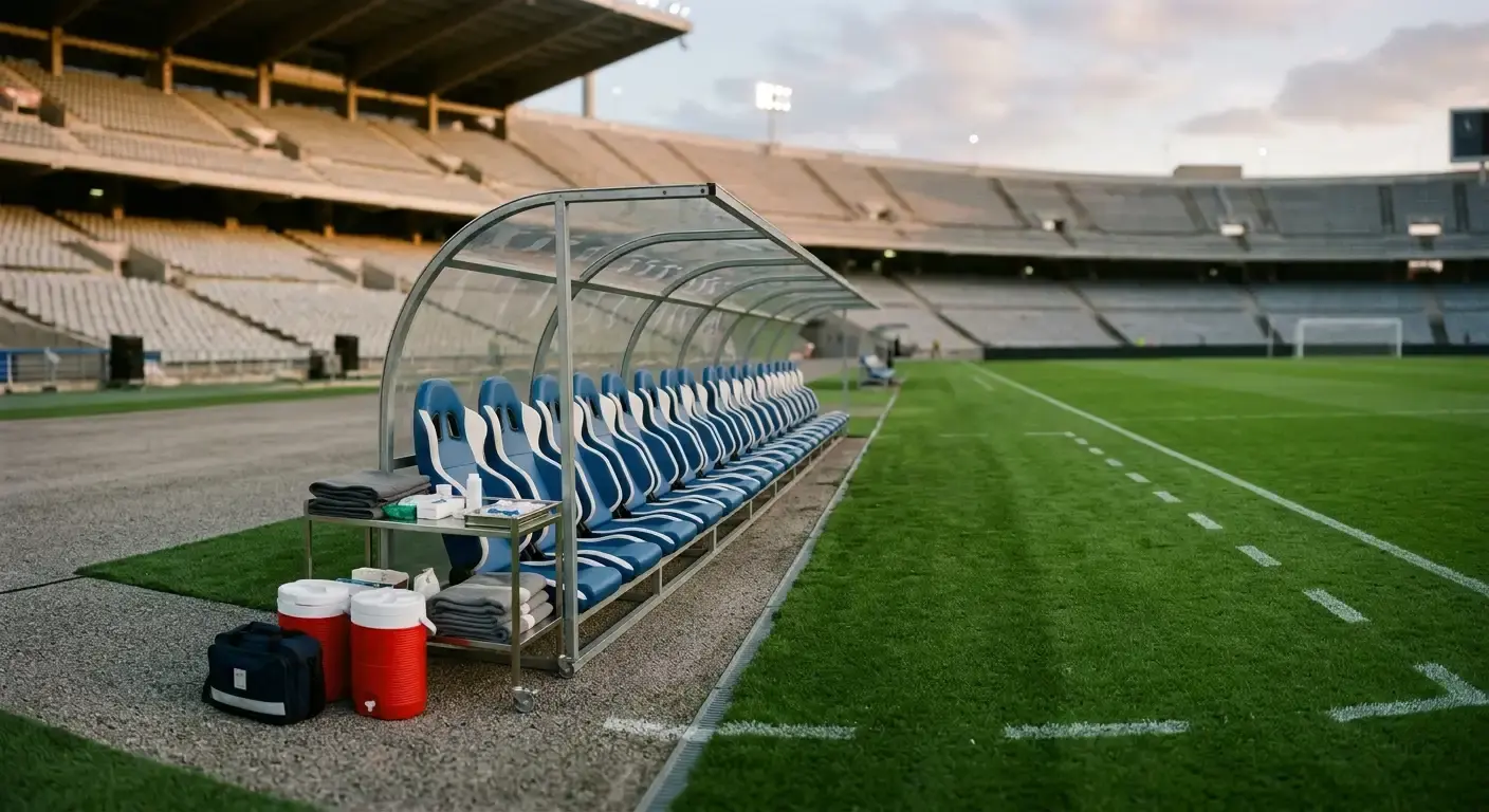 Tyhjä vaihtopenkki ja huoltohenkilöstöä jalkapallostadionin laidalla ennen ottelua
